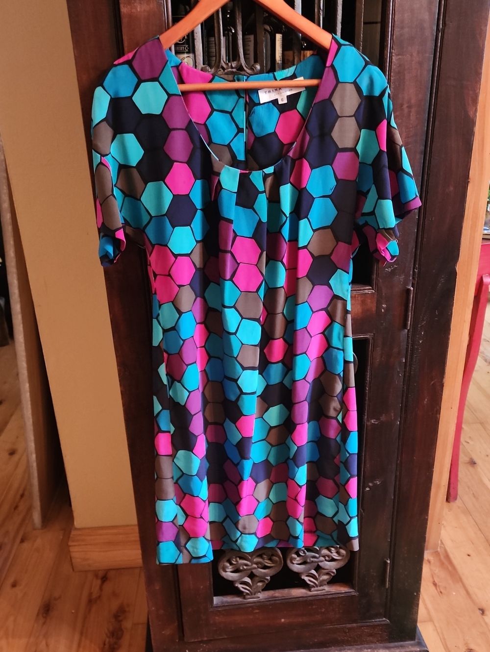 Trina Turk Pure Silk, Turquoise, Teal & Magenta Patterned Shift Dress, Size 6
